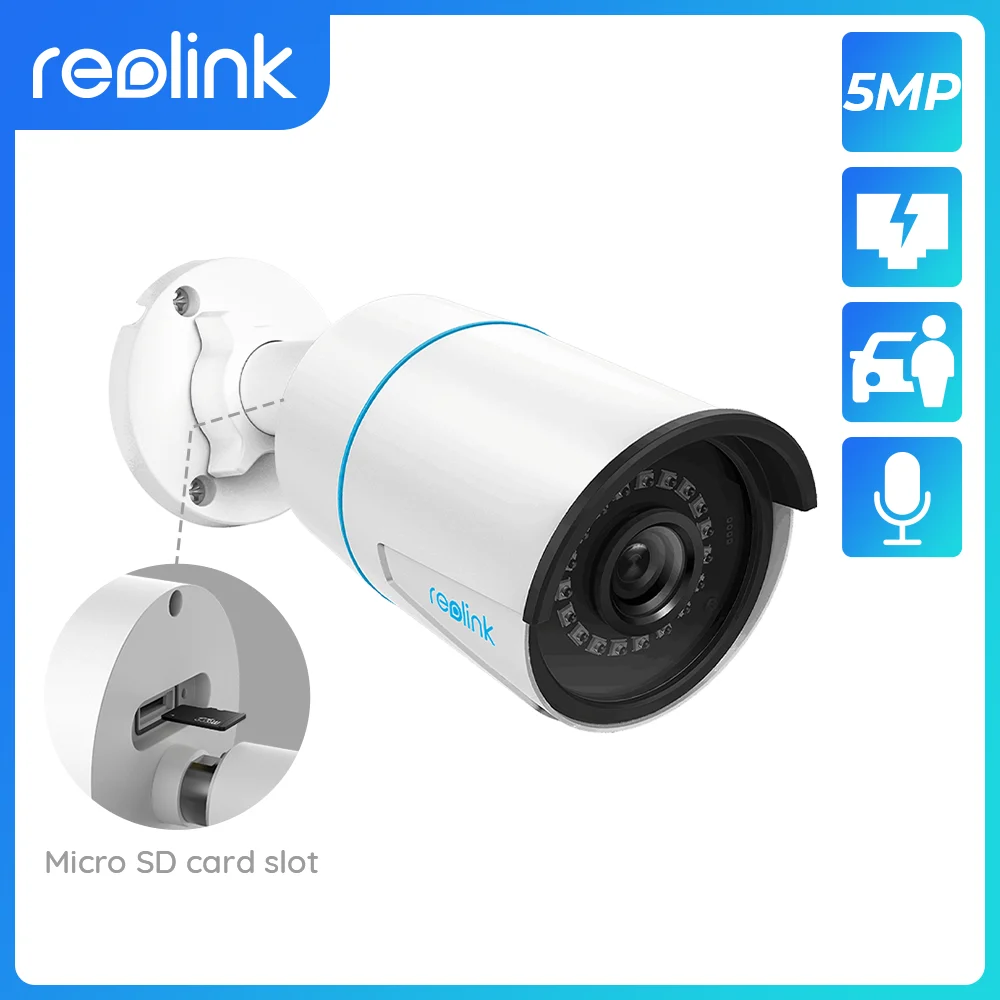 

Умная IP-камера Reolink, 5 Мп, PoE, наружная инфракрасная цилиндрическая камера ночного видения, с функцией обнаружения человека/автомобиля