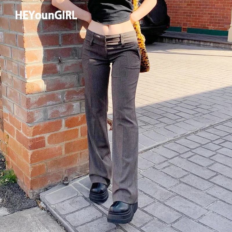 

HEYounGIRL Elegant Vintage Suit Pants Women Casual Low Waisted Long Trousers Ladies Pocket Skinny Sweatpants 90s Streetwear