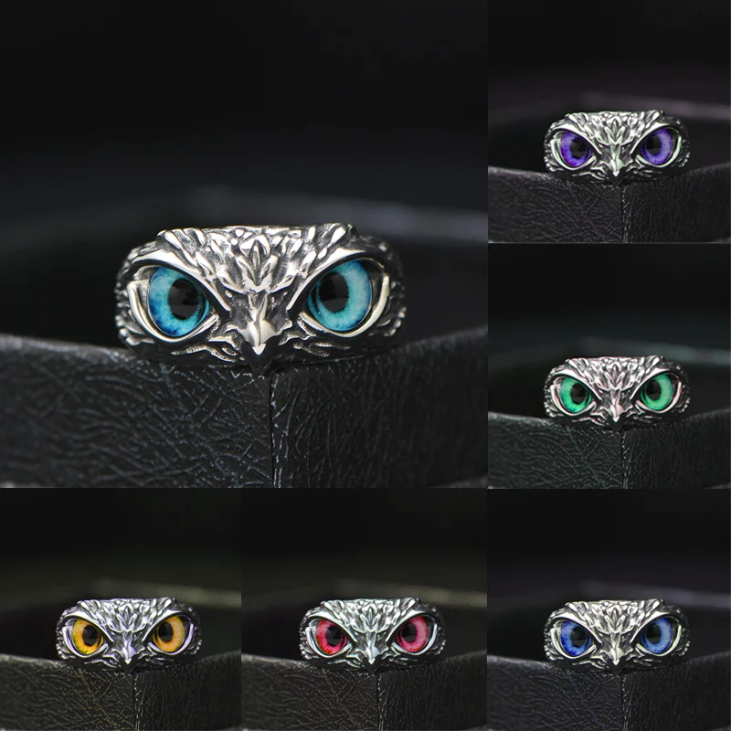 

NEW Retro Cute Simple Design Owl Ring Multicolor Eyes Silver Color Men Women Engagement Wedding Rings Jewelry Gifts Resizable