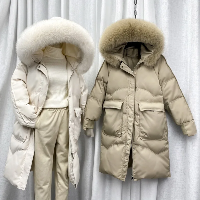 

ZCWXM Winter Women Hooded Big Real Fox Fur Collar Down Jacket Female Long White Duck Down Coat Windbreak Thick Warm Snow Outwear