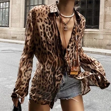 YENKYE Summer Women Sexy Leopard Blouse Shirt Long Sleeve Lapel Collar Ladies Shirts Streetwear Blusas