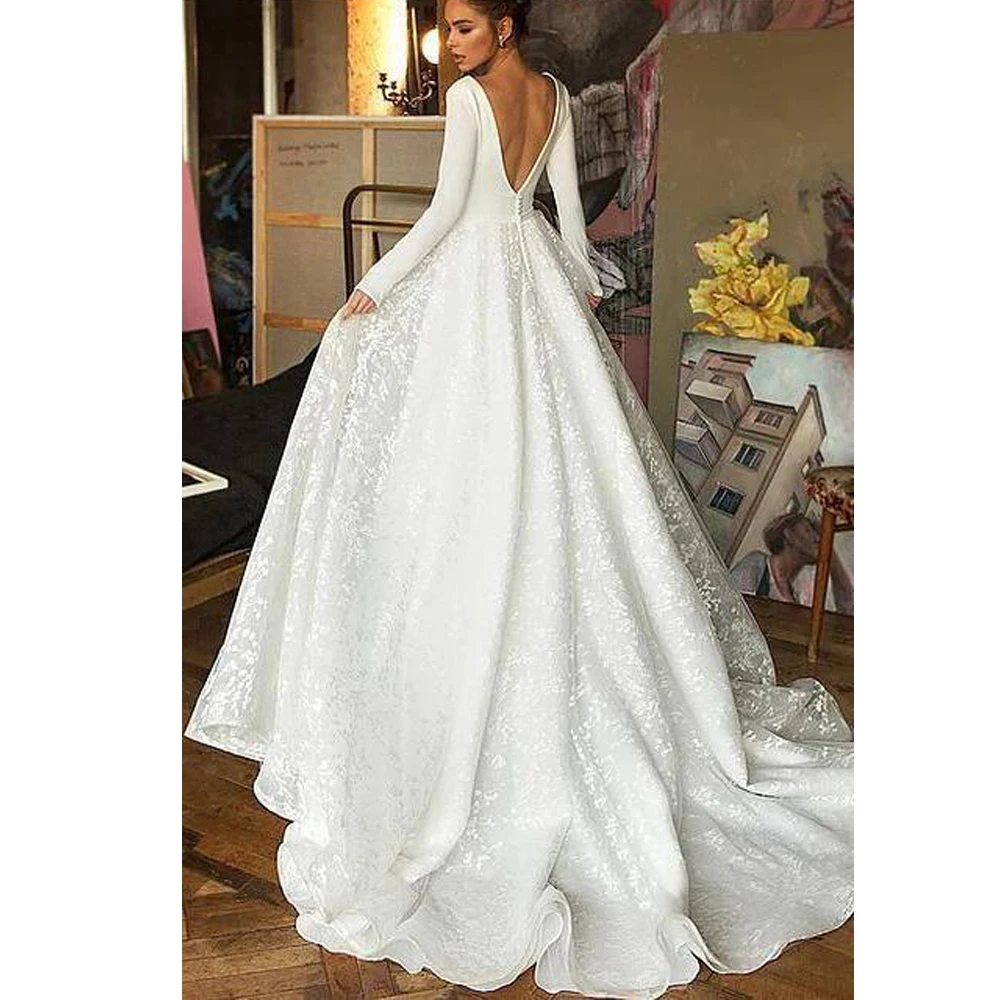 Elegant Wedding Dresses Lace and Jersey Pleat Sashes V-Neck Full Sleeve Backless A-Line Bridal Gowns Novia Do Vestidos 2021
Elegant Wedding Dresses Lace and Jersey Pleat Sashes V-Neck Full Sleeve Backless A-Line Bridal Gowns Novia Do Vestidos 2021