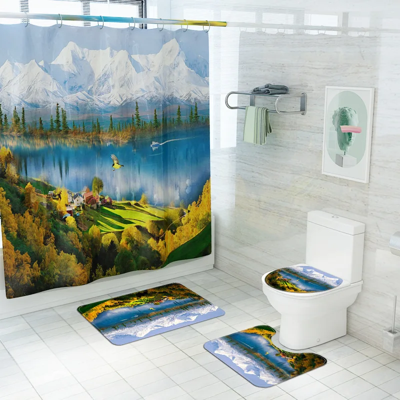 

Natural Scenery Shower Curtains Landscape Lake Snow Mountain Bathroom Curtain Bath Mat Set Pedestal Rug Lid Toilet Cover