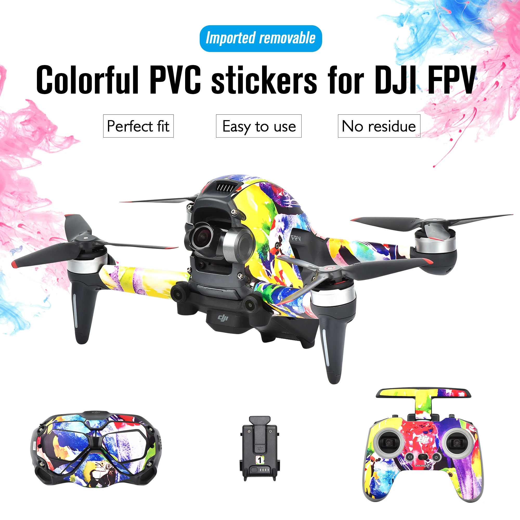 DJI FPV Drone Sticker Colorful Body PVC Skin Waterproof Sticker Set for DJI FPV Combo Goggles V2 Remote Controller Accessories
DJI FPV Drone Sticker Colorful Body PVC Skin Waterproof Sticker Set for DJI FPV Combo Goggles V2 Remote Controller Accessories