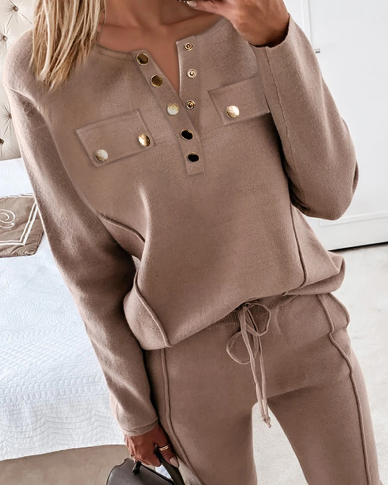 2021 tracksuit Solid Sweater and Elastic Trousers Suits Knitted Two K898 Piece Buttoned Pocket Design Top & Drawstring Pants Set
2021 tracksuit Solid Sweater and Elastic Trousers Suits Knitted Two K898 Piece Buttoned Pocket Design Top & Drawstring Pants Set