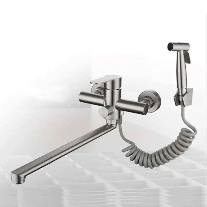 Black and golden Wall mounted kitchen faucet has water sprayer long neck for sink
Black and golden Wall mounted kitchen faucet has water sprayer long neck for sink