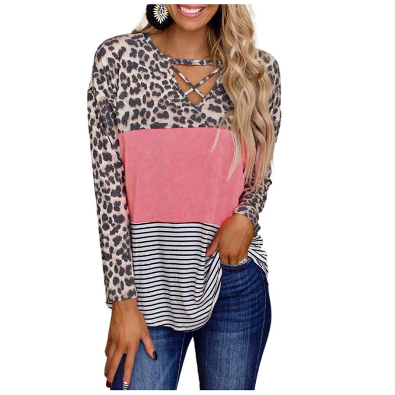 Spring Autumn Leopard Stripe Stitching Long Sleeve Tee Patchwork V-neck Casual T-shirt Women Fashion Tops
Spring Autumn Leopard Stripe Stitching Long Sleeve Tee Patchwork V-neck Casual T-shirt Women Fashion Tops