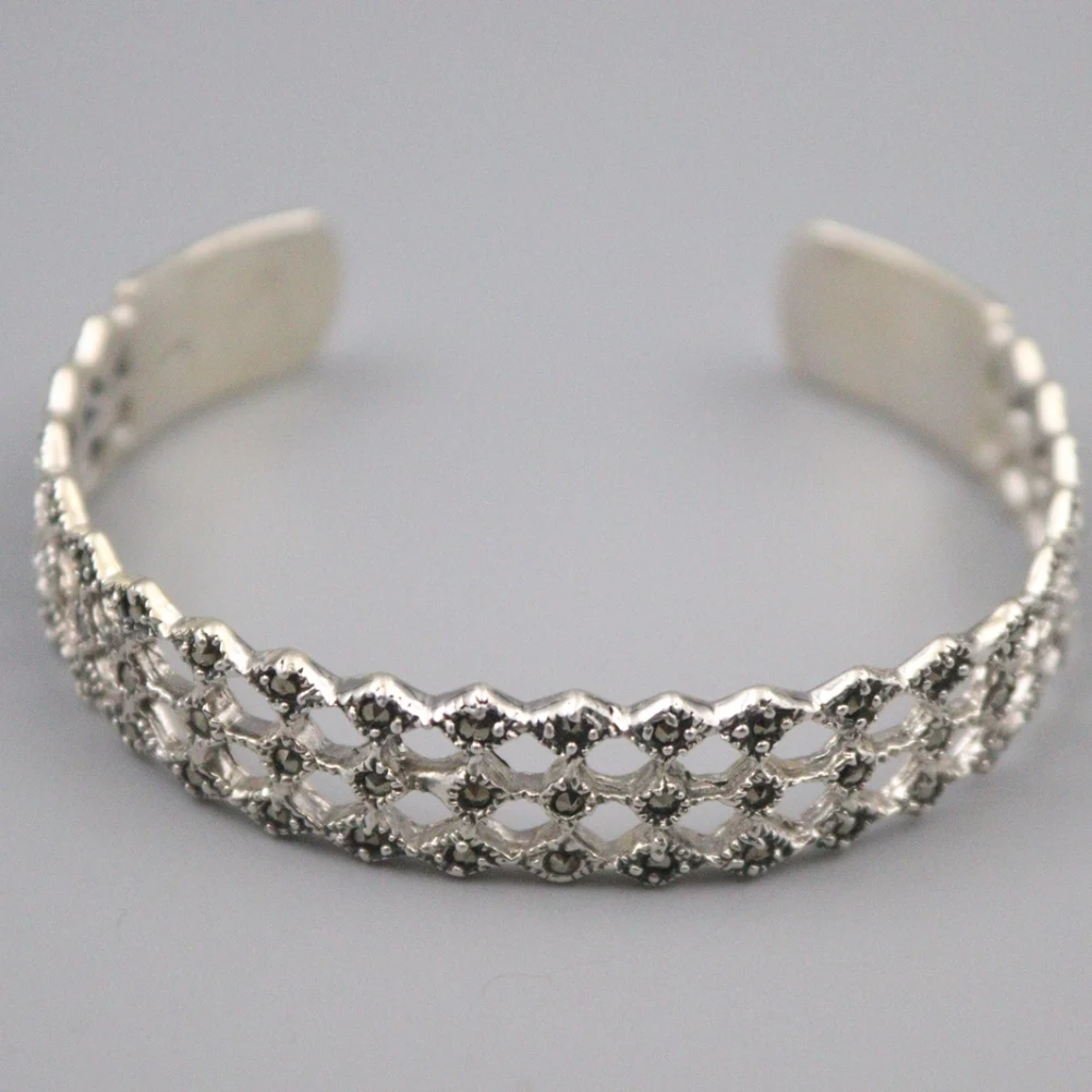 

Pure 925 Sterling Silver Bracelet Width 12mm Hollow Pattern Marcasite Cuff Bangle About 17g Diameter 55-60mm