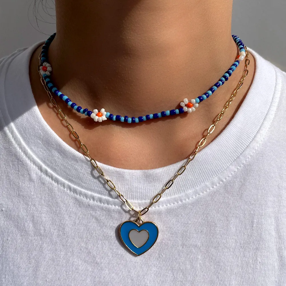 

Boho Flower Choker Beads Necklace For Women Color Bead Strand Heart Pendant Pearl Layered Necklaces Girl Summer Vacation Jewelry