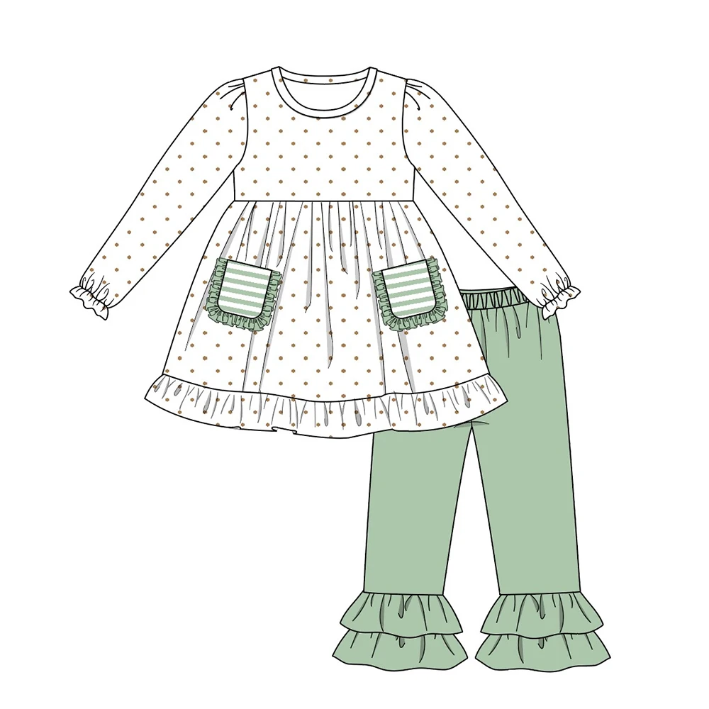 Autumn Girls Clothes Brown Dot Print White Long Sleeve Top And Green Trousers Green Stripes And Lace Pockets Girl Outfits
Autumn Girls Clothes Brown Dot Print White Long Sleeve Top And Green Trousers Green Stripes And Lace Pockets Girl Outfits