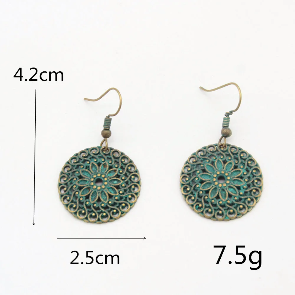 Hot sale fashion retro personality bronze green circle hollow flower alloy pendant earrings for women
Hot sale fashion retro personality bronze green circle hollow flower alloy pendant earrings for women