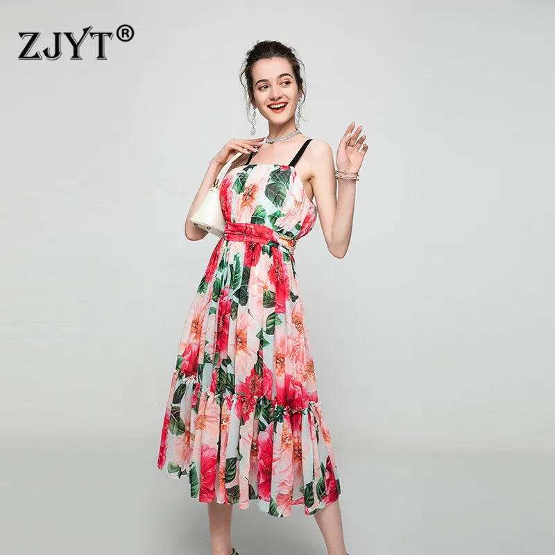 2021 Summer Designers Runway Fashion Women Charming Floral Print Chiffon Spaghetti Strap Dress Party Bohemian Beach Robe Femme 
2021 Summer Designers Runway Fashion Women Charming Floral Print Chiffon Spaghetti Strap Dress Party Bohemian Beach Robe Femme