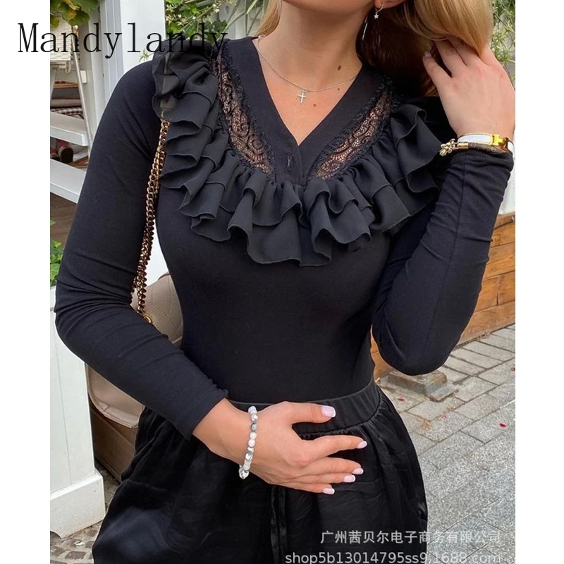 Mandylandy T-shirt Autumn Fashion Long Sleeve Lace V-neck T-shirt Top Womens Sexy Solid Color Slim Fit Ruffled Stitching T-shirt 
Mandylandy T-shirt Autumn Fashion Long Sleeve Lace V-neck T-shirt Top Womens Sexy Solid Color Slim Fit Ruffled Stitching T-shirt