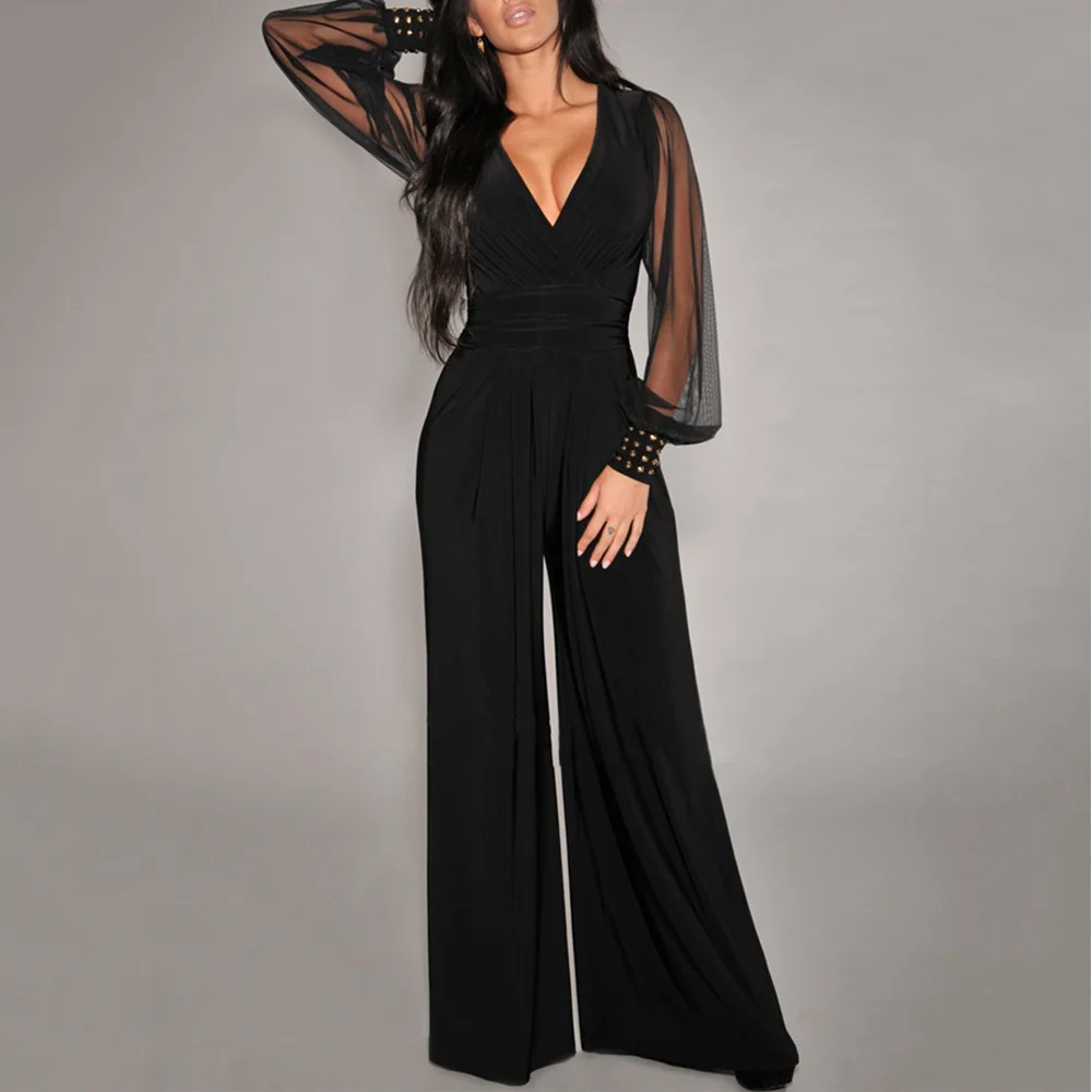 New women Sexy Casual V-neck mesh stitching rivet straight Wide leg jumpsuit Professional Transparent sleeve jumpsuit 
New women Sexy Casual V-neck mesh stitching rivet straight Wide leg jumpsuit Professional Transparent sleeve jumpsuit