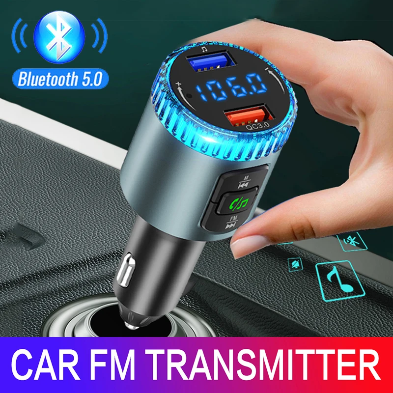 

JINSERTA FM Transmitter Bluetooth 5.0 Car MP3 Player QC3.0 Dual USB Charger 7-Color Atmosphere Light Wireless Handsfree Car Kit