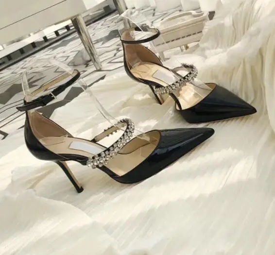 

Moraima Snc Black Patent leather High Heel Shoes Sexy Pointed Toe Crystal Embellished Thin Heels Pumps Ankle Strap Wedding Heels
