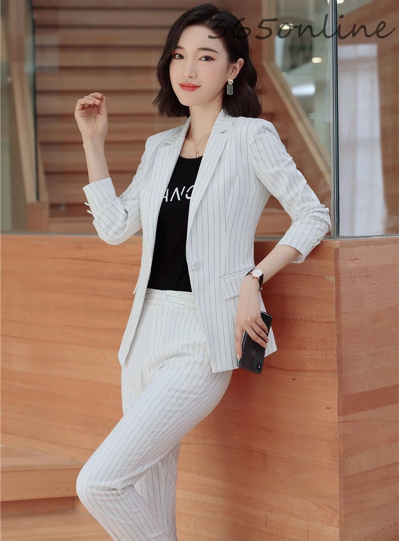 Novelty Striped Uniform Designs Pantsuits with Pants and Jackets Autumn Winter Formal Women Business Suits Professional Blazers
Novelty Striped Uniform Designs Pantsuits with Pants and Jackets Autumn Winter Formal Women Business Suits Professional Blazers