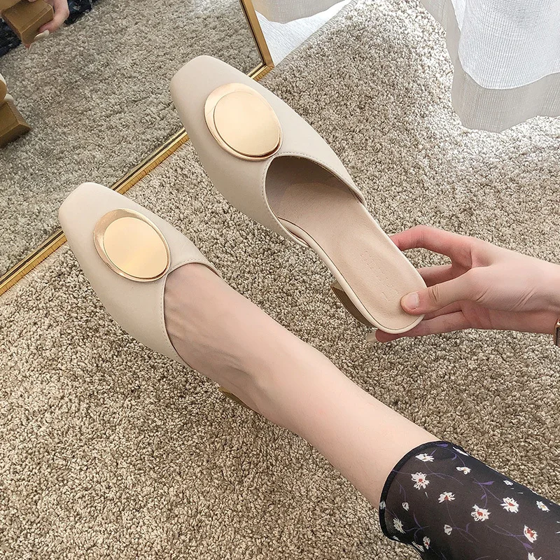 New Square Toe Ladies Shoes Circle Metal Buckle Slippers Women Shoes Woman Mules Cover Mid Heels Leather Casual Shoes Slides