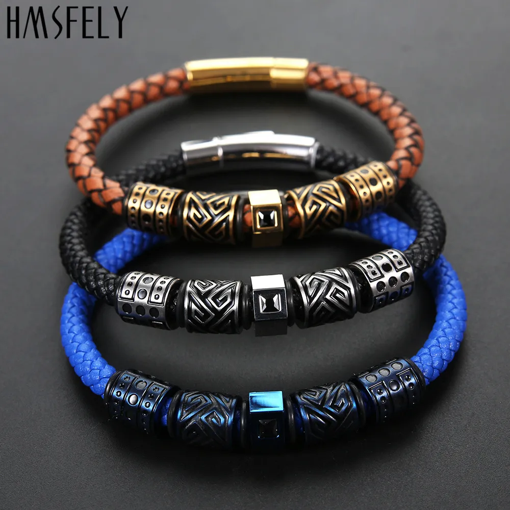 HMSFELY Men Fashion Leather Bracelet Titanium Stainless Steel Beads Charm Bracelets Bangles Jewelry For Clasp | Украшения и