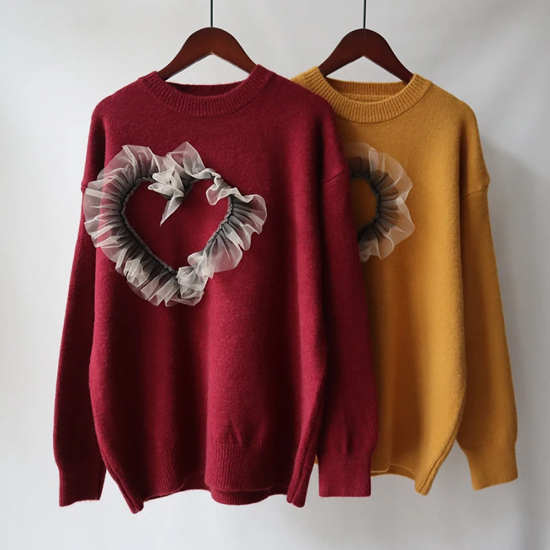 Autumn Winter Mesh Ruffled Heart Decorated O-neck Knit Top Women Simple Chic Pullover Sweater Top
Autumn Winter Mesh Ruffled Heart Decorated O-neck Knit Top Women Simple Chic Pullover Sweater Top