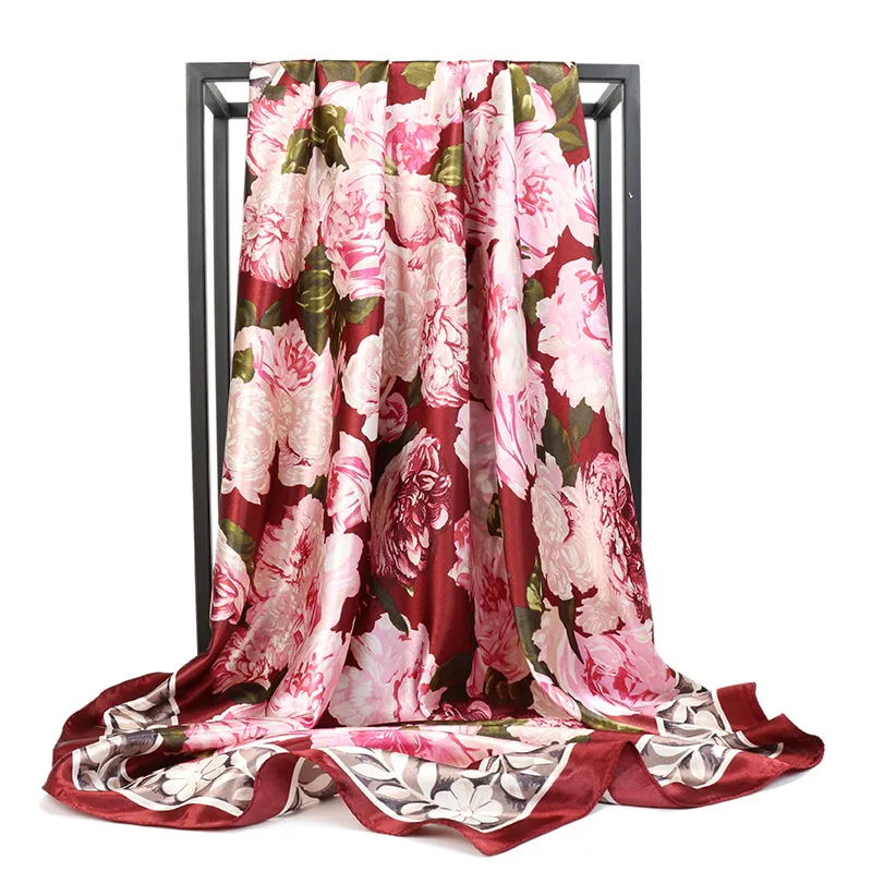 

90*90cm Flowers Silk Scarf Muslim Women Square Satin Hijab Shawl Hair Head Scarves Bandana Ladies Printed Foulard Kerchief