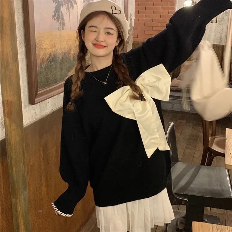 Korean Winter College Style Girl Pullover Kawaii O-Neck Vintage Bow Full Sleeve Casual Lazy Keep Warm Knitting Black Sweater
Korean Winter College Style Girl Pullover Kawaii O-Neck Vintage Bow Full Sleeve Casual Lazy Keep Warm Knitting Black Sweater