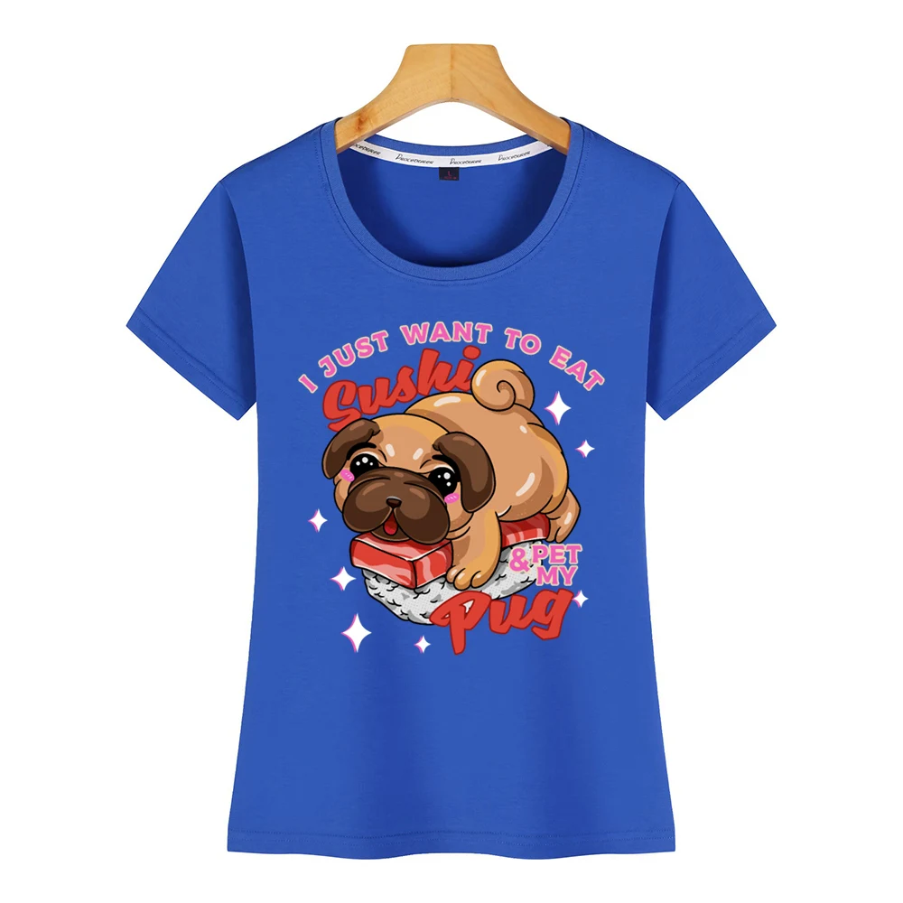 Женская футболка с надписью i just want to eat sushi pet my pug cute dog Kawaii Black | одежда