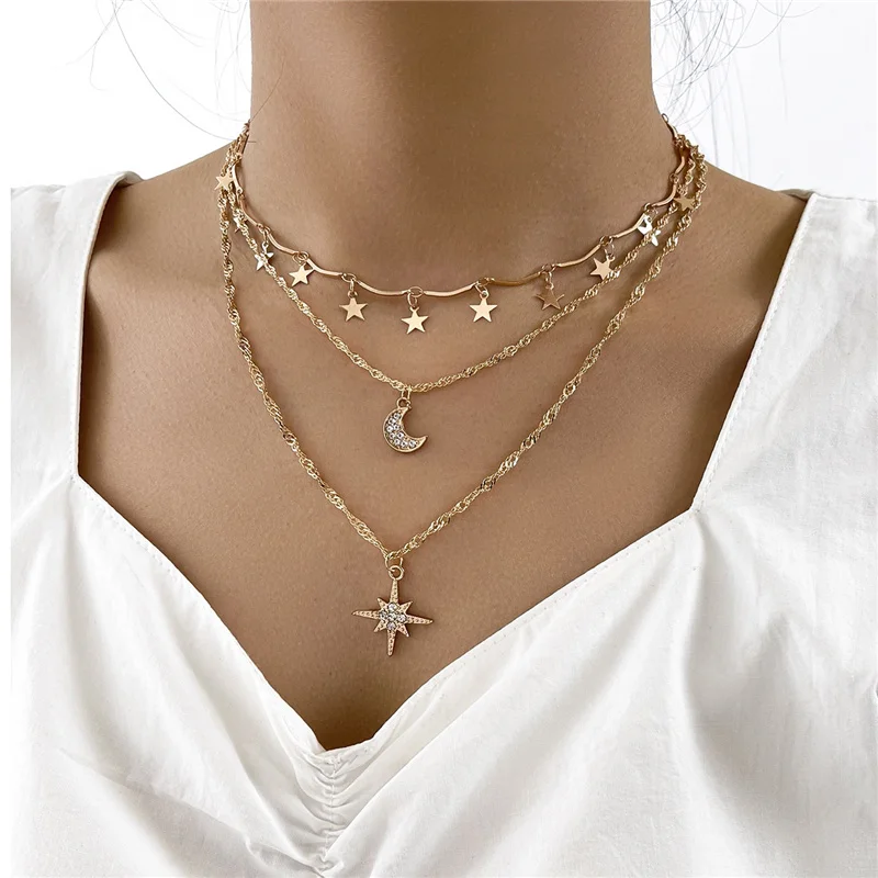 Fashion Multi Layer Gold Color Star Moon Pendant Necklace for Women 2021 Vintage Crystal Charm Chain Necklace New Jewelry
Fashion Multi Layer Gold Color Star Moon Pendant Necklace for Women 2021 Vintage Crystal Charm Chain Necklace New Jewelry