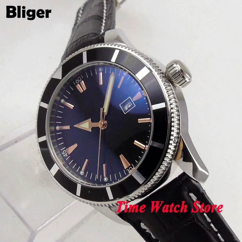 

Bliger 46mm Automatic men's wristwatch black sterile dial date display aluminum black bezel leather strap deployment clasp watch