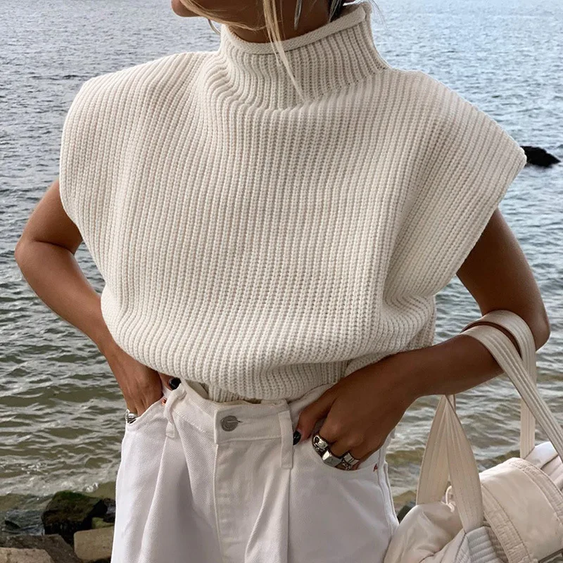 

Женская водолазка без рукавов, белый вязаный пуловер с наплечниками, Свободный Повседневный джемпер, топы для женщин на осень и зиму, 2020