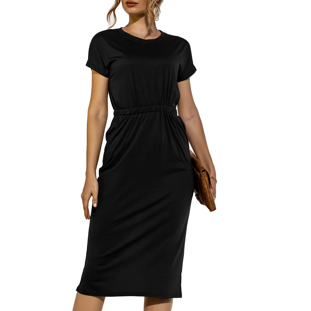 Ladies Elastic Waist Casual Dress Knee Length Office Dress for Summer Solid Black Pocket O Neck Short Sleeve Women Dresses D30
Ladies Elastic Waist Casual Dress Knee Length Office Dress for Summer Solid Black Pocket O Neck Short Sleeve Women Dresses D30