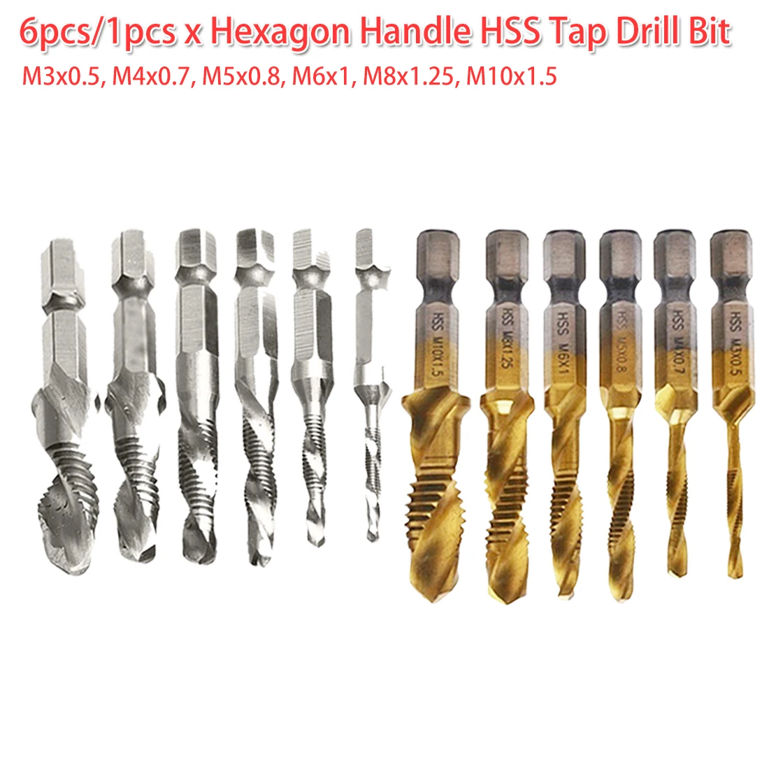 M3-M10 6pcs Screw Tap Drill Bit HSS Taps Countersink Deburr Set Metric Combination 1/4 Quick Change Hex for Soft Metal /Aluminum
M3-M10 6pcs Screw Tap Drill Bit HSS Taps Countersink Deburr Set Metric Combination 1/4 Quick Change Hex for Soft Metal /Aluminum
