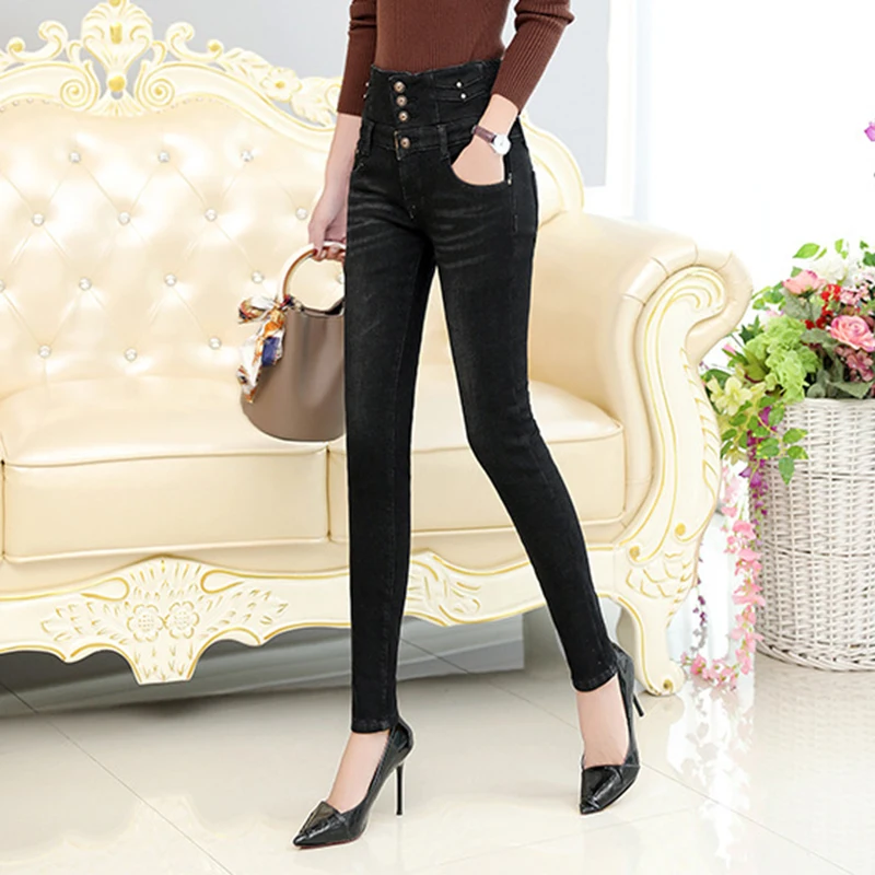 Women Winter Plus Velvet Fleece jeans High Waist Denim Single Breasted Skinny Warm Thick Pencil Pant Black Femme Plus Size Jeans 
Women Winter Plus Velvet Fleece jeans High Waist Denim Single Breasted Skinny Warm Thick Pencil Pant Black Femme Plus Size Jeans