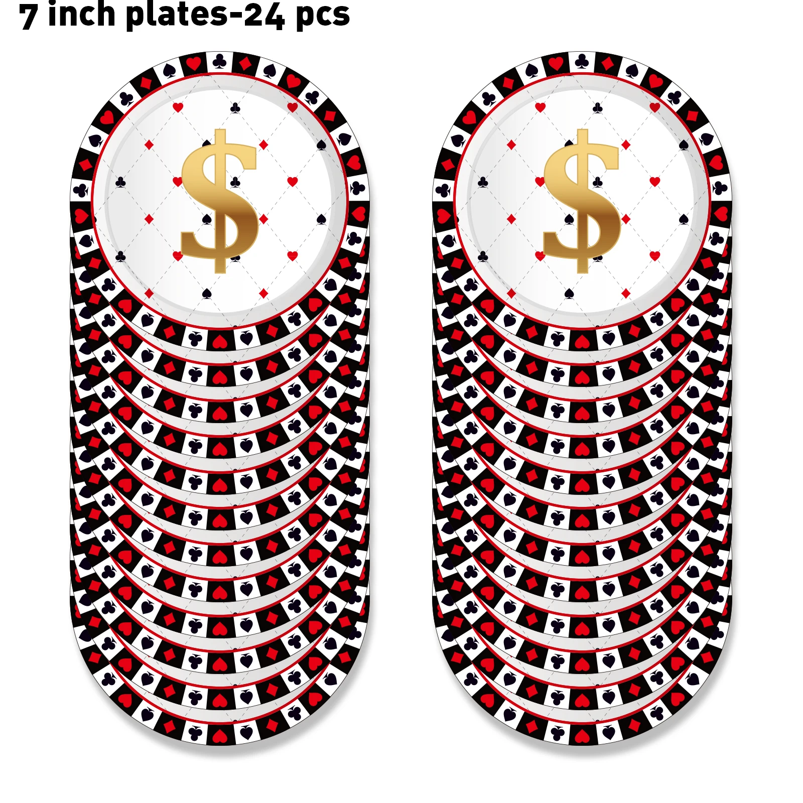 24pcs 7inch Las Vegas Casino Gamble Pocker Card Games Theme Disposable Plates Tableware Sets for Happy Birthday Party Decoration
24pcs 7inch Las Vegas Casino Gamble Pocker Card Games Theme Disposable Plates Tableware Sets for Happy Birthday Party Decoration