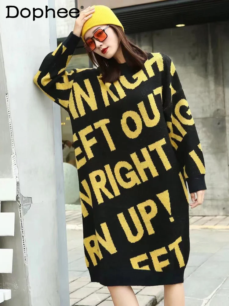 Retro Letters Jacquard Mid-Length Sweater Dress Women's Loose Oversized Knitted Dress Female 2021 New Autumn Winter Long Sweater
Retro Letters Jacquard Mid-Length Sweater Dress Women's Loose Oversized Knitted Dress Female 2021 New Autumn Winter Long Sweater