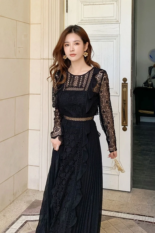Black Lace Long Sleeve High Waisted Mid Dresses 2021 Fall New Sexy Hollow Out Pleated Mid-Calf Dress for Party Vestidos De Mujer
Black Lace Long Sleeve High Waisted Mid Dresses 2021 Fall New Sexy Hollow Out Pleated Mid-Calf Dress for Party Vestidos De Mujer
