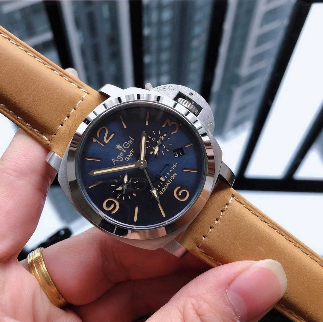 44mm Classic New Men Automatic Mechanical Sapphire Stainless Steel GMT Equation Luminous Blue Dial Brown Leather Watch
44mm Classic New Men Automatic Mechanical Sapphire Stainless Steel GMT Equation Luminous Blue Dial Brown Leather Watch
