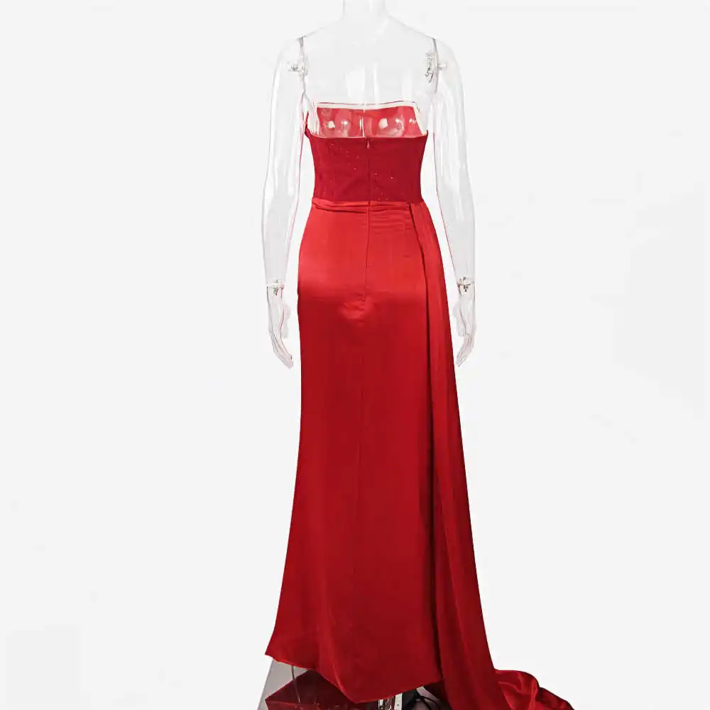 Strapless Diamante Crystal Solid Red Gown Christmas Birthday Celebrity Outfits Sexy Women Slit Draped Evening Dress
Strapless Diamante Crystal Solid Red Gown Christmas Birthday Celebrity Outfits Sexy Women Slit Draped Evening Dress