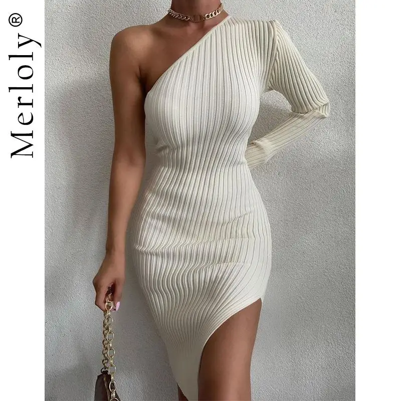 Elegant Sexy Women's Dress Solid Knitted One Shoulder Long Sleeve Slim Mini Dresses 2021 Fall Winter Party Club Women Clothes
Elegant Sexy Women's Dress Solid Knitted One Shoulder Long Sleeve Slim Mini Dresses 2021 Fall Winter Party Club Women Clothes