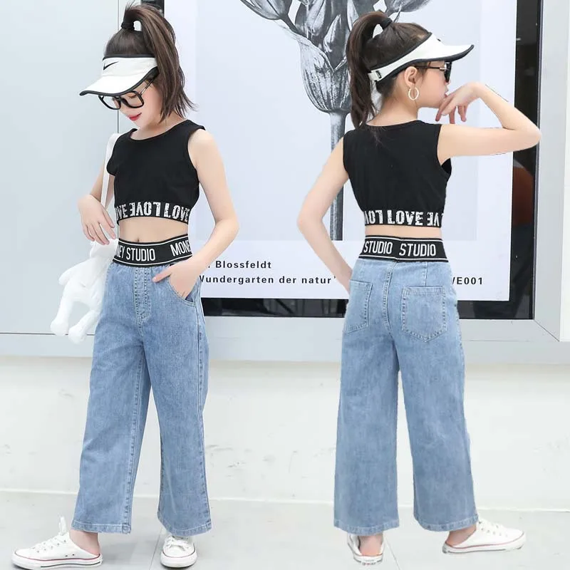 Ciaoxlinyoung New Teen Girl Set Printed Letters Sleeveless Vest T-shirt+Wide-legged Denim Pants 2PCS/Set Summer 3-15 Years Old
Ciaoxlinyoung New Teen Girl Set Printed Letters Sleeveless Vest T-shirt+Wide-legged Denim Pants 2PCS/Set Summer 3-15 Years Old