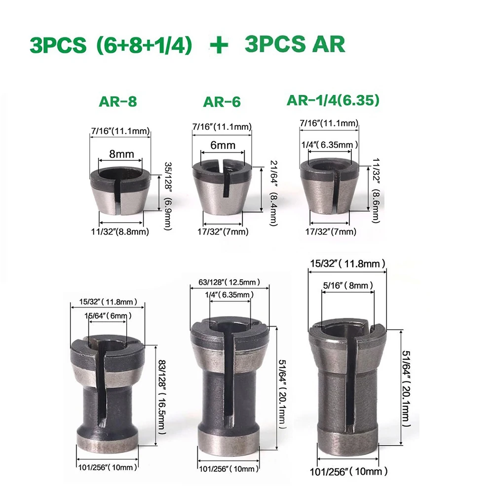 6pcs Collets Router Bit Extension Collet Chuck Engraving Trimming Machine 6/ 6.35/ 8mm Practical Tools Parts
6pcs Collets Router Bit Extension Collet Chuck Engraving Trimming Machine 6/ 6.35/ 8mm Practical Tools Parts