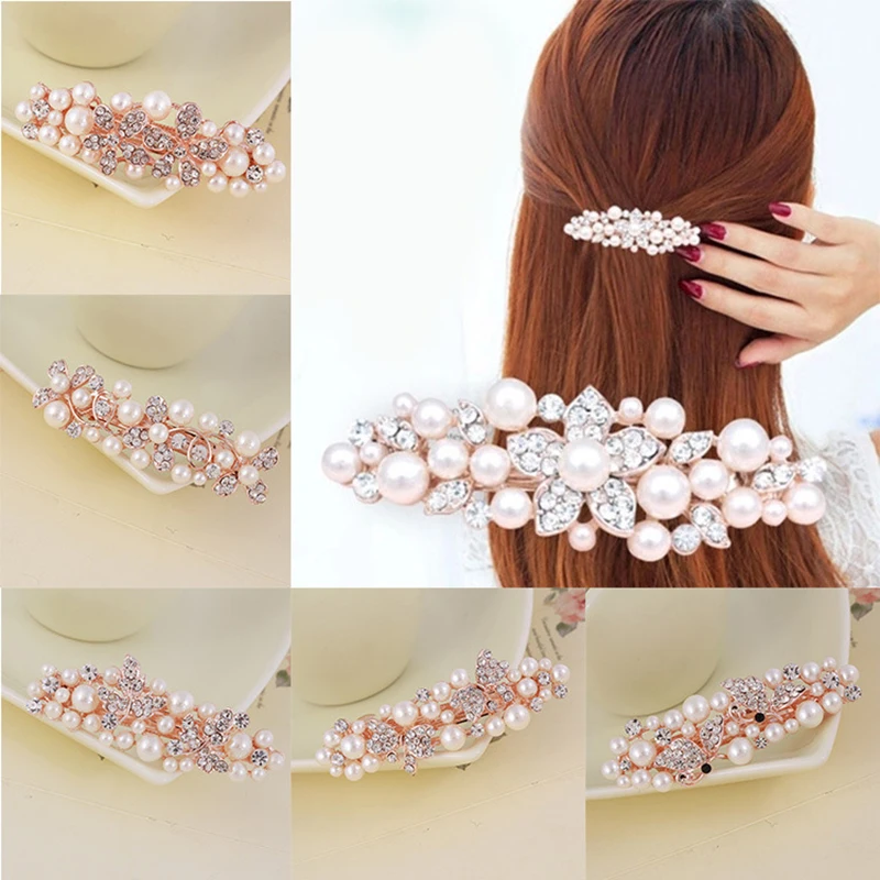 

Fashion Women Pearl Flower Hairpins Ponytail Barrettes Rhinestone Hair Clip Duckbill Clip Hairgrips Hair Accessories