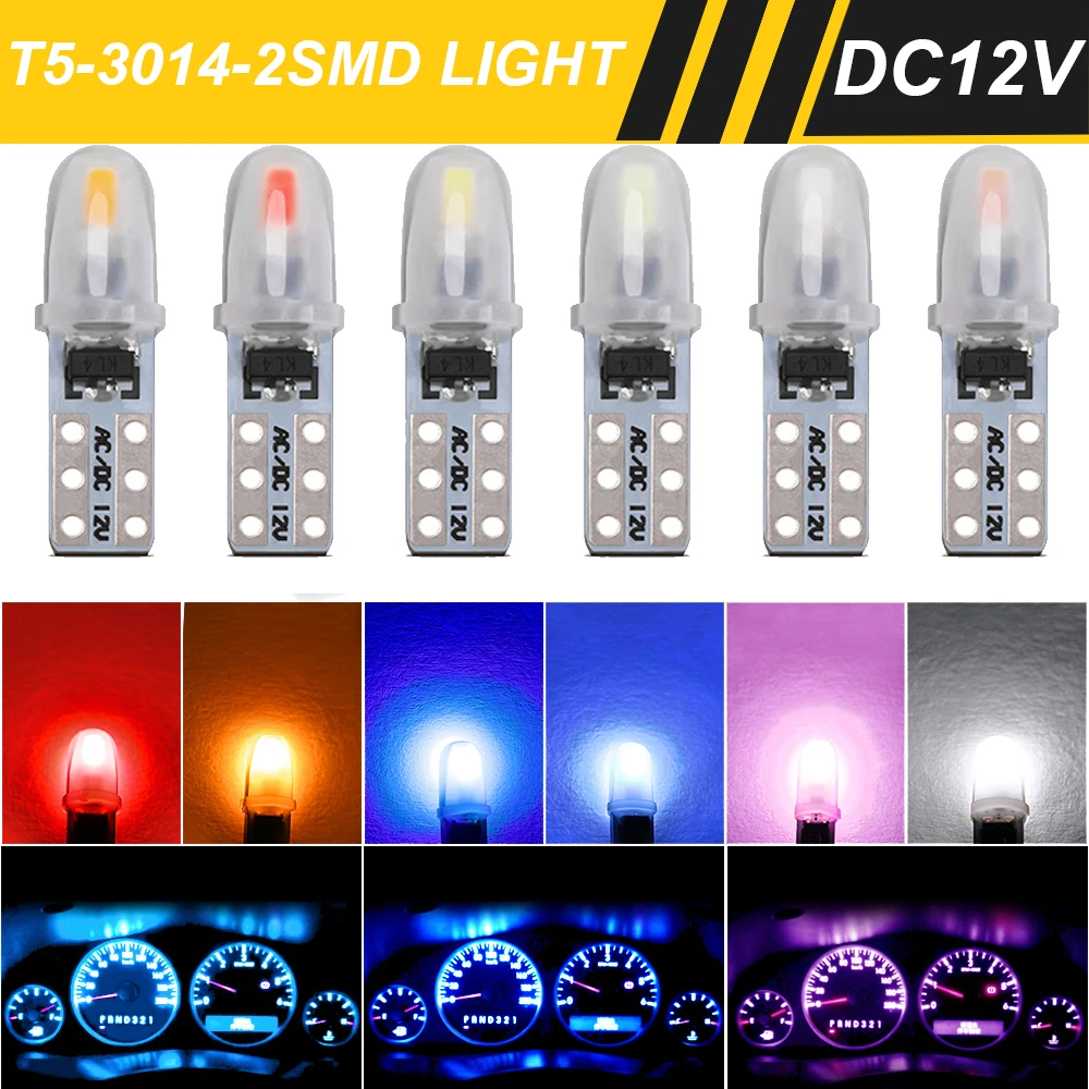 

10Pcs T5 W3W W1.2W LED Auto Car Dashboard Light 3014 2-SMD Reading Instrument Panel Lamp No Polarity Bulb White Amber 12V DC