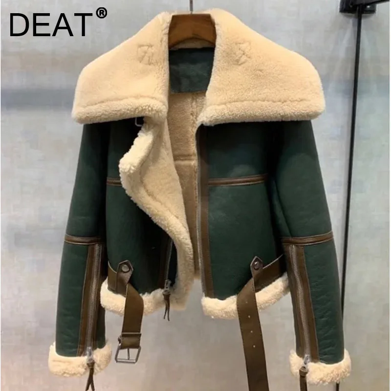 

DEAT 2021 Winter Fashion Patchwork Green Spliced Large Lapel Women's Thickened Short Fur One-piece Sheep Shearing Coat 7I1713
