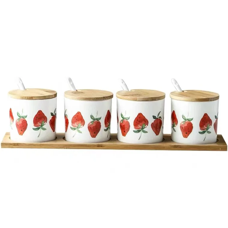 Nordic Seasoning Jar Strawberry Condiment Tank Ceramic Spice Salt Sugar Jar with Bamboo Tray Combination Kitchen Supplies
Nordic Seasoning Jar Strawberry Condiment Tank Ceramic Spice Salt Sugar Jar with Bamboo Tray Combination Kitchen Supplies