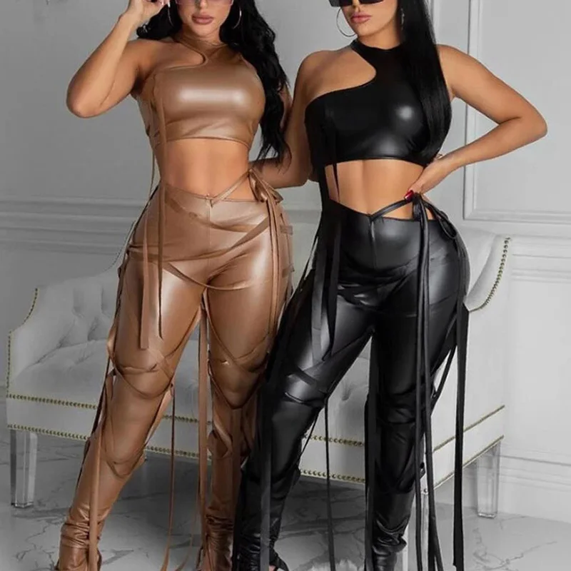 PU Leather Bandage Two Piece Set Women 2021 Sexy Crop Top + Lace Up Pants Set Club Party 2 Piece Set
PU Leather Bandage Two Piece Set Women 2021 Sexy Crop Top + Lace Up Pants Set Club Party 2 Piece Set