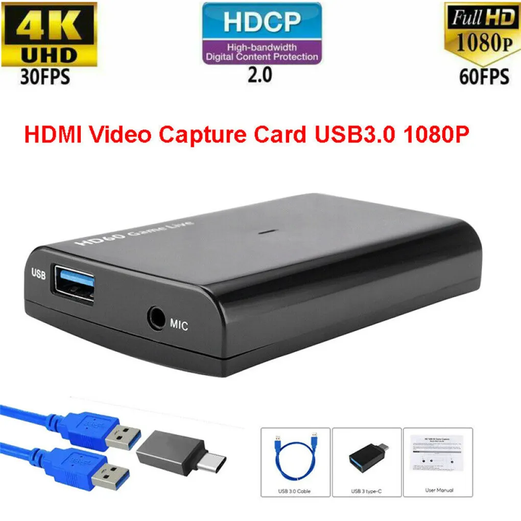 Карта видеозахвата 1080P с микрофоном в режиме реального времени, USB 3,0, 4K
Карта видеозахвата 1080P с микрофоном в режиме реального времени, USB 3,0, 4K