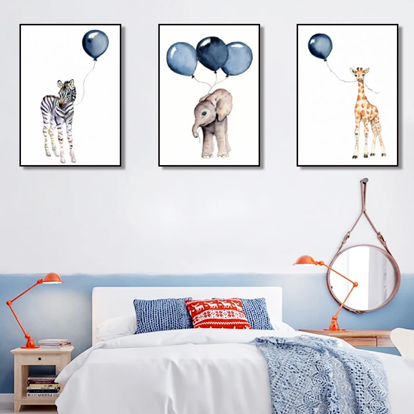 

Nordic Cartoon Cute Animal Blue Balloon Canvas Wall Painting Zebra Elephant Print Kindergarten Home Decoration Art Poster