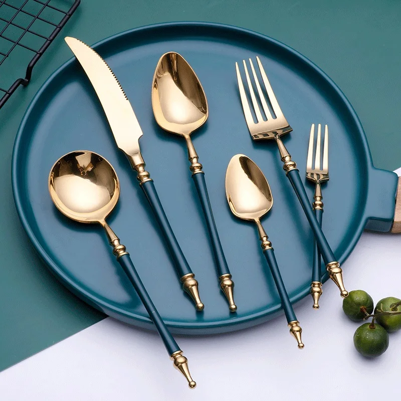 

Luxury Western Tableware Golden Glossy Fork Knife Dinnerware Set Knife Fork Spoon 6 PCS Sets Steak Dessert Kitchen Accessories