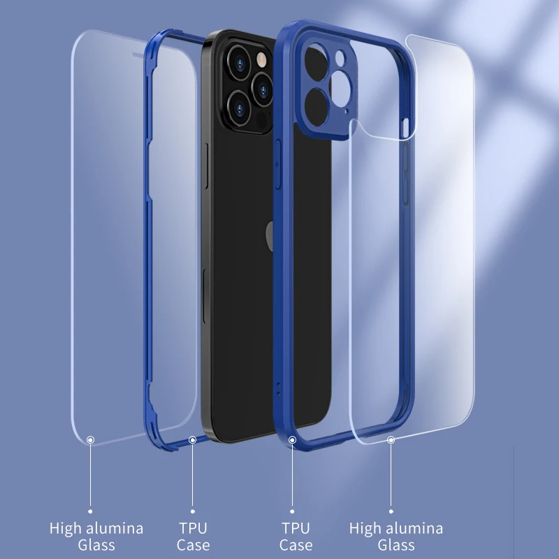 

Alumina Glass Full Body Camera Protection Buckle Case for iPhone 12 11 Pro Max Transparent TPU Frame Double-sided Camera Cover